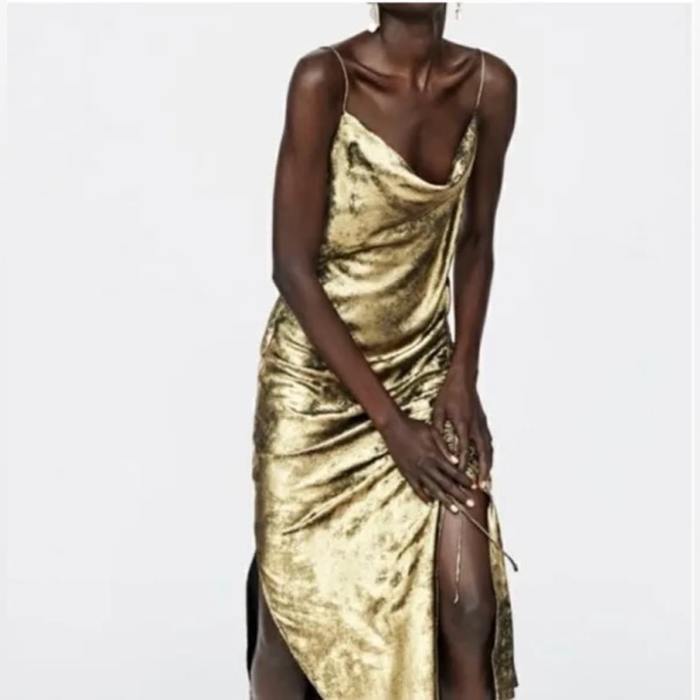 Zara Basic Gold Spaghetti Strap Asymmetrical Midi… - image 1